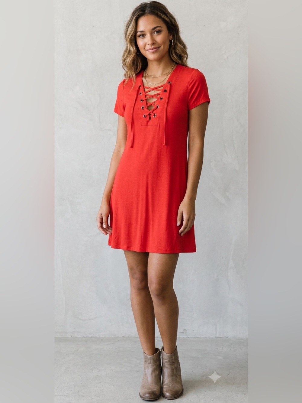 UMGEE Orange Mini Lace Up Neckline Dress in Size petite SMALL. EUC Short sleeves